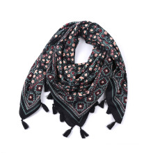 New women soft feeling fashion scarf shawl square cotton tassels printed floral lady square Viscose scarf